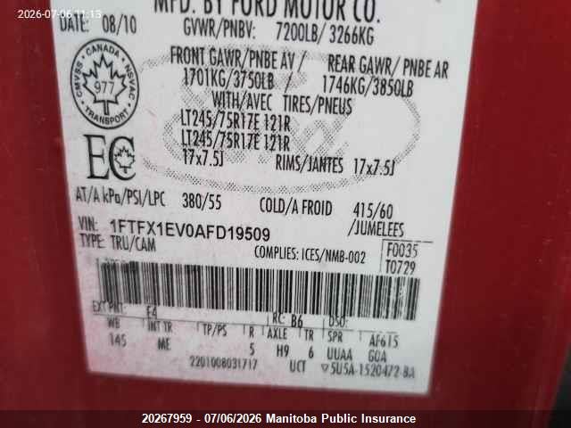 Продаж на аукціоні авто 2010 Ford F150 Xlt Supercab, vin: 1FTFX1EV0AFD19509, номер лоту: 20267959