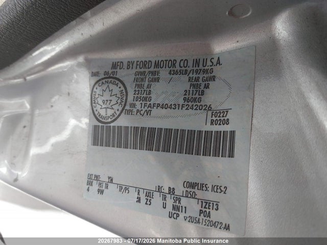 20267983 :رقم المزاد ، 1FAFP40431F242026 vin ، 2001 Ford Mustang مزاد بيع