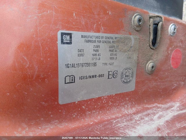 2007 Chevrolet Cobalt Ls მანქანა იყიდება აუქციონზე, vin: 1G1AL15F977301195, აუქციონის ნომერი: 20267989