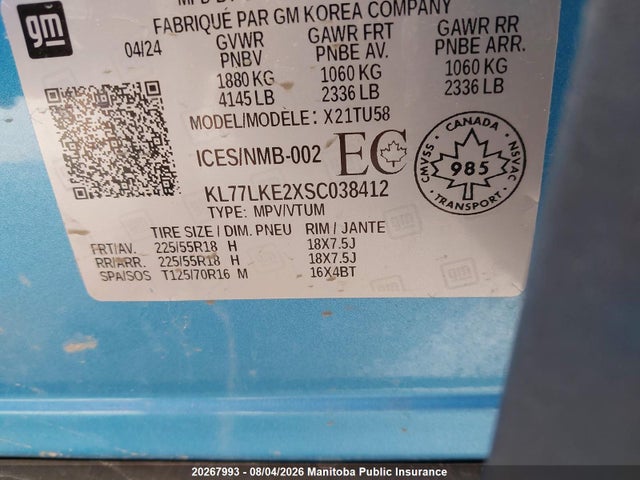 2025 Chevrolet Trax Activ მანქანა იყიდება აუქციონზე, vin: KL77LKE2XSC038412, აუქციონის ნომერი: 20267993
