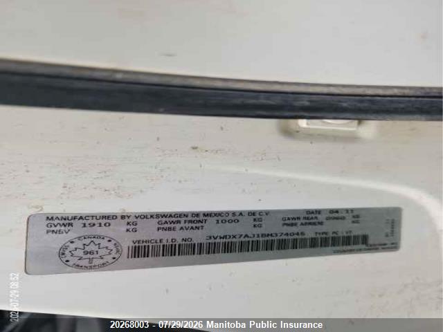 Продаж на аукціоні авто 2011 Volkswagen Jetta 2.5, vin: 3VWDX7AJ1BM374045, номер лоту: 20268003