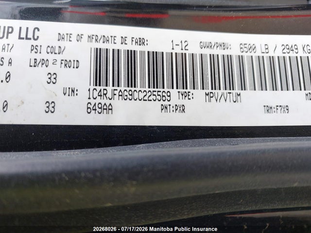 Aukcja sprzedaży 2012 Jeep Grand Cherokee Laredo, vin: 1C4RJFAG9CC225569, numer aukcji: 20268026