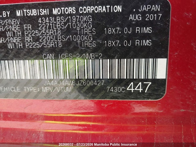 Aukcja sprzedaży 2018 Mitsubishi Rvr Se, vin: JA4AJ4AW6JZ600427, numer aukcji: 20268032