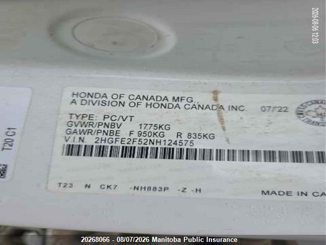 Aukcja sprzedaży 2022 Honda Civic Sport, vin: 2HGFE2F52NH124575, numer aukcji: 20268066