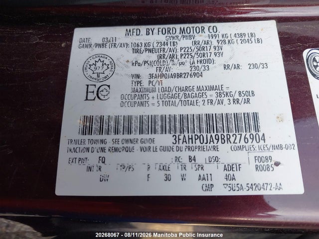 Aukcja sprzedaży 2011 Ford Fusion Sel, vin: 3FAHP0JA9BR276904, numer aukcji: 20268067
