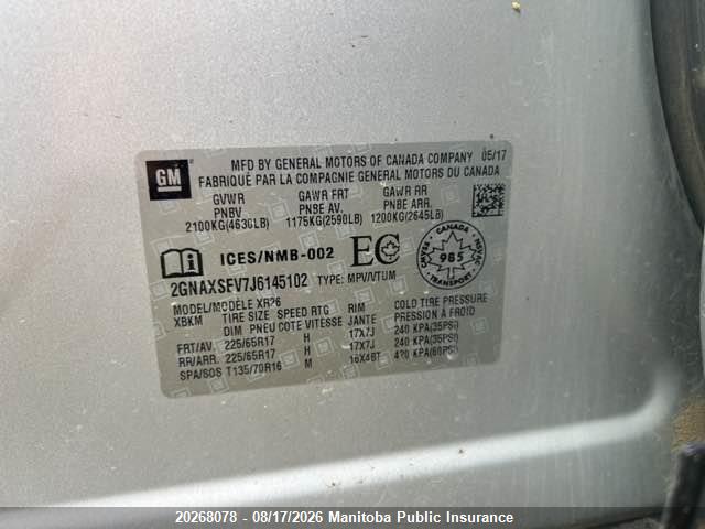2GNAXSEV7J6145102 Chevrolet EQUINOX LT