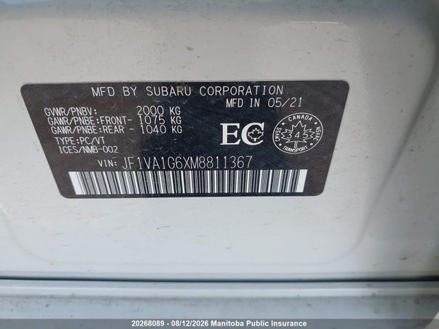 Продаж на аукціоні авто 2021 Subaru Wrx, vin: JF1VA1G6XM8811367, номер лоту: 20268089