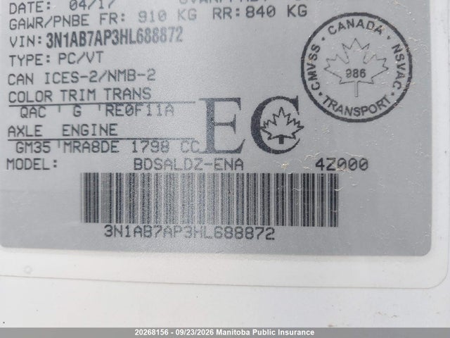 20268156 :رقم المزاد ، 3N1AB7AP3HL688872 vin ، 2017 Nissan Sentra 1.8 Sv مزاد بيع