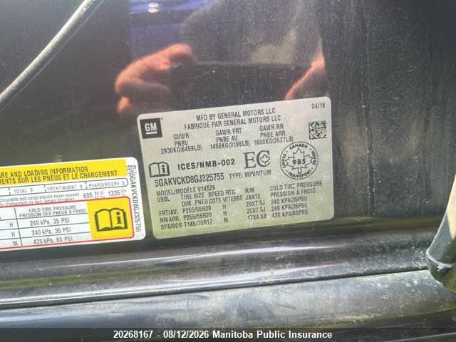 20268167 :رقم المزاد ، 5GAKVCKD8GJ325755 vin ، 2016 Buick Enclave مزاد بيع