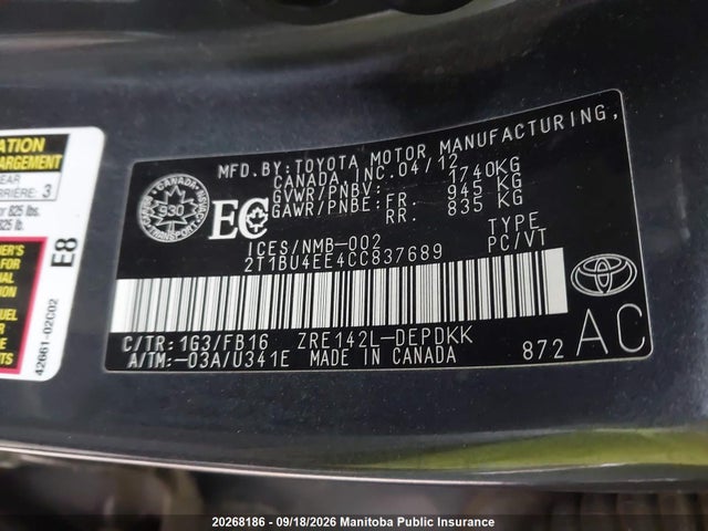 2012 Toyota Corolla Ce მანქანა იყიდება აუქციონზე, vin: 2T1BU4EE4CC837689, აუქციონის ნომერი: 20268186