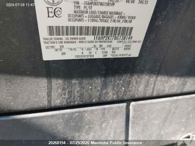 Aukcja sprzedaży 2011 Ford Taurus Sho, vin: 1FAHP2KT7BG138149, numer aukcji: 20268194