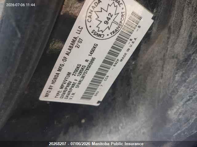 2007 Honda Odyssey Ex-l Ex-l მანქანა იყიდება აუქციონზე, vin: 5FNRL38757B505996, აუქციონის ნომერი: 20268207