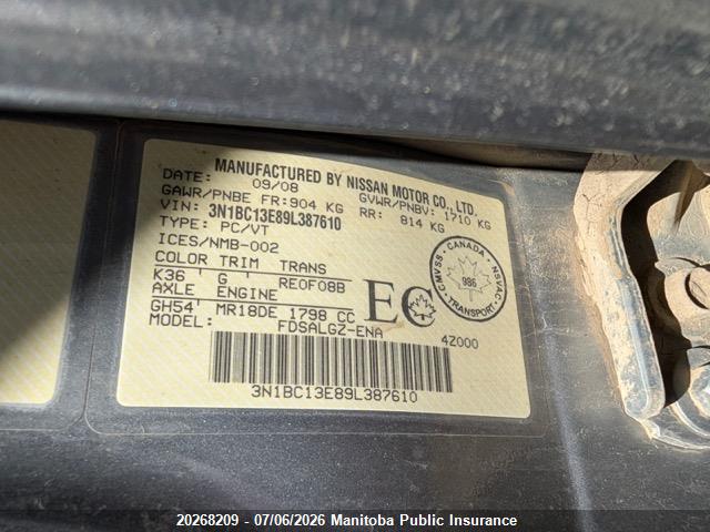 Aukcja sprzedaży 2009 Nissan Versa 1.8 Sl, vin: 3N1BC13E89L387610, numer aukcji: 20268209