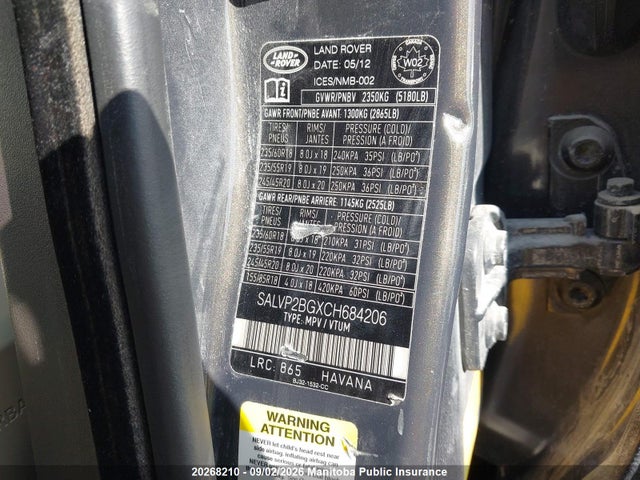 Продажа на аукционе авто 2012 Land Rover Range Rover Evoque, vin: SALVP2BGXCH684206, номер лота: 20268210