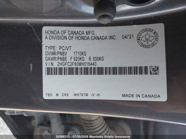 2HGFC2F80MH016440 Honda Civic Sport