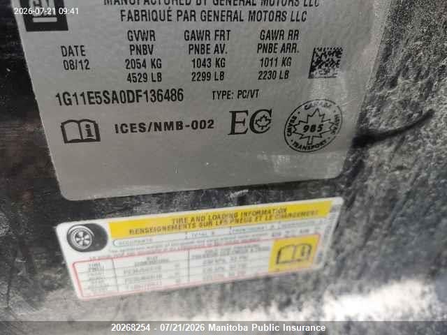 20268254 :رقم المزاد ، 1G11E5SA0DF136486 vin ، 2013 Chevrolet Malibu Lt مزاد بيع