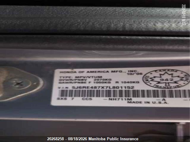 Продажа на аукционе авто 2007 Honda Cr-v Ex-l, vin: 5J6RE487X7L801152, номер лота: 20268258