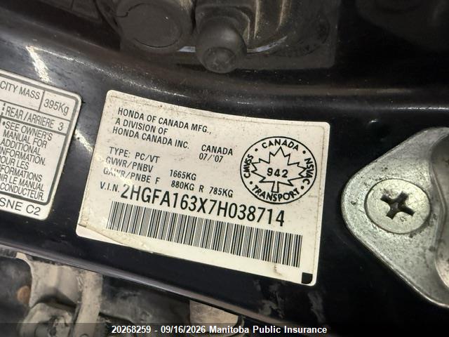 Aukcja sprzedaży 2007 Honda Civic Dx-g, vin: 2HGFA163X7H038714, numer aukcji: 20268259