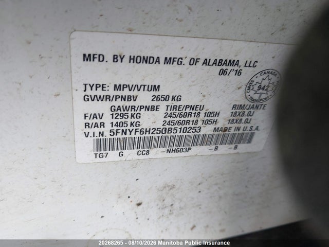 Продажа на аукционе авто 2016 Honda Pilot Lx, vin: 5FNYF6H25GB510253, номер лота: 20268265