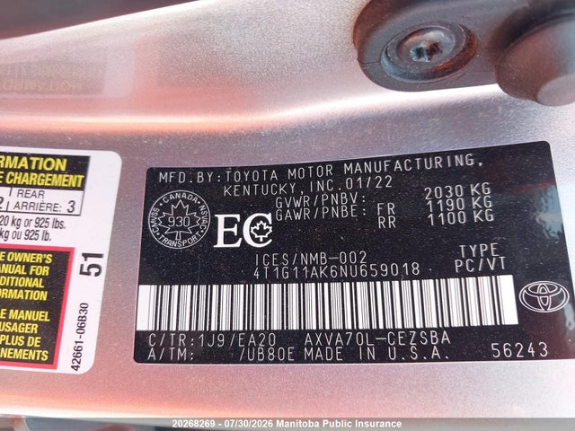 4T1G11AK6NU659018 Toyota CAMRY SE