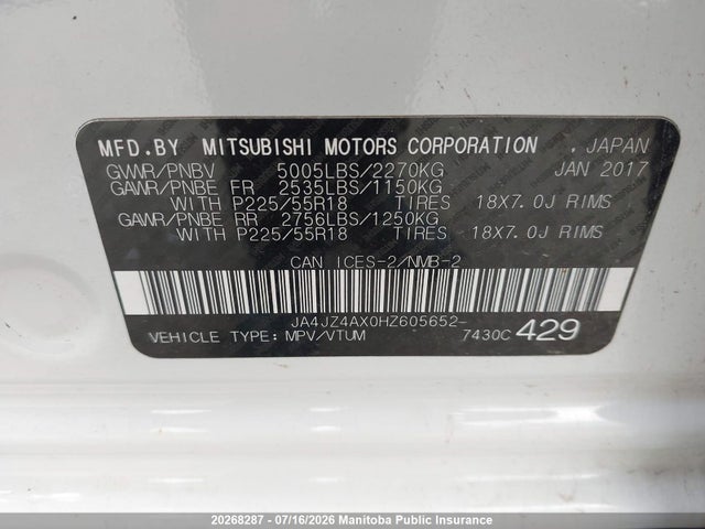 Продаж на аукціоні авто 2017 Mitsubishi Outlander Gt, vin: JA4JZ4AX0HZ605652, номер лоту: 20268287