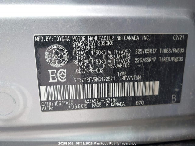 Продаж на аукціоні авто 2021 Toyota Rav4 Le, vin: 2T3Z1RFV6MC122571, номер лоту: 20268305