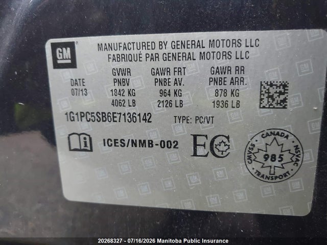 2014 Chevrolet Cruze Lt Turbo მანქანა იყიდება აუქციონზე, vin: 1G1PC5SB6E7136142, აუქციონის ნომერი: 20268327