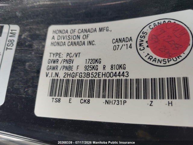 Honda CIVIC EX 2014 2HGFG3B52EH004443 Image 9