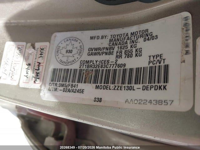 20268349 :رقم المزاد ، 2T1BR32E83C777609 vin ، 2003 Toyota Corolla Ce مزاد بيع