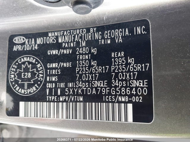 20268371 :رقم المزاد ، 5XYKTDA79FG586400 vin ، 2015 Kia Sorento Lx V6 مزاد بيع
