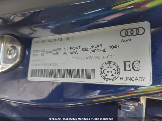 Aukcja sprzedaży 2016 Audi A3 2.0t Quattro, vin: WAUB8GFF6G1087250, numer aukcji: 20268372