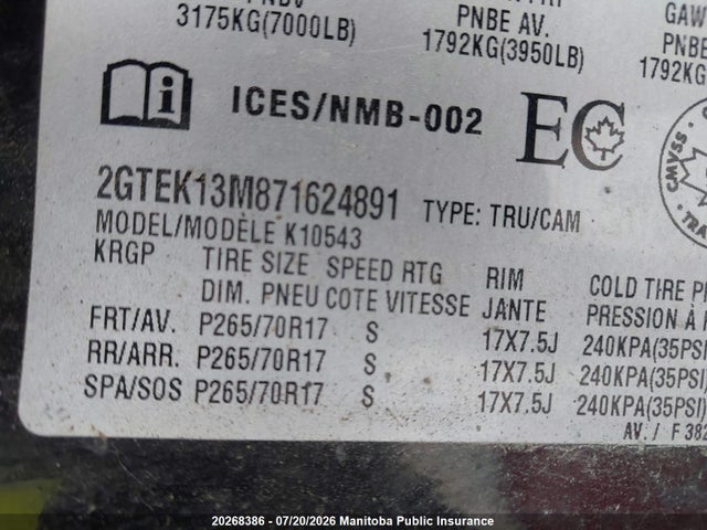 20268386 :رقم المزاد ، 2GTEK13M871624891 vin ، 2007 Gmc Sierra 1500 Sle Crew Cab مزاد بيع