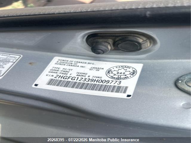 Aukcja sprzedaży 2009 Honda Civic Dx-g, vin: 2HGFG12339H009773, numer aukcji: 20268395