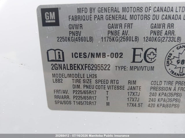 20268412 :رقم المزاد ، 2GNALBEKXF6295522 vin ، 2015 Chevrolet Equinox Lt مزاد بيع