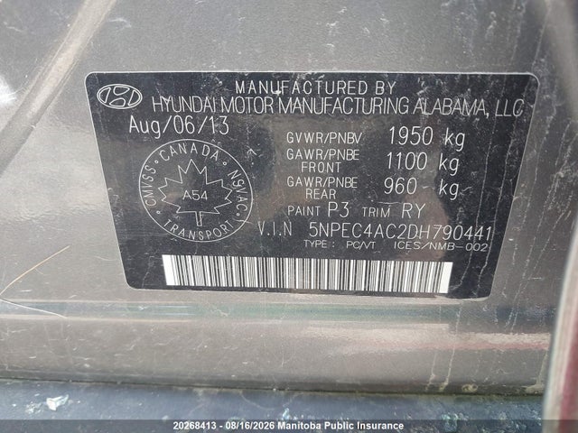 20268413 :رقم المزاد ، 5NPEC4AC2DH790441 vin ، 2013 Hyundai Sonata Limited مزاد بيع