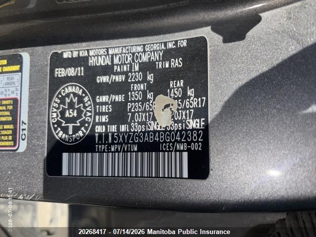 20268417 :رقم المزاد ، 5XYZG3AB4BG042382 vin ، 2011 Hyundai Santa Fe Gl مزاد بيع