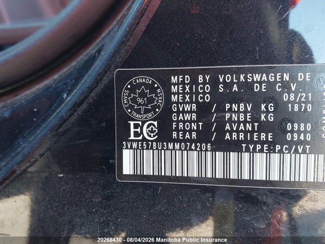 Продаж на аукціоні авто 2021 Volkswagen Jetta Highline 1.4 Tsi, vin: 3VWE57BU3MM074206, номер лоту: 20268430