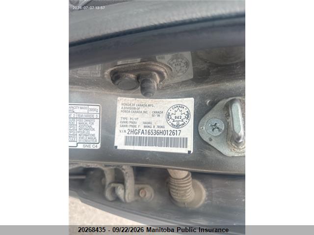 Продажа на аукционе авто 2006 Honda Civic Lx, vin: 2HGFA16536H012617, номер лота: 20268435