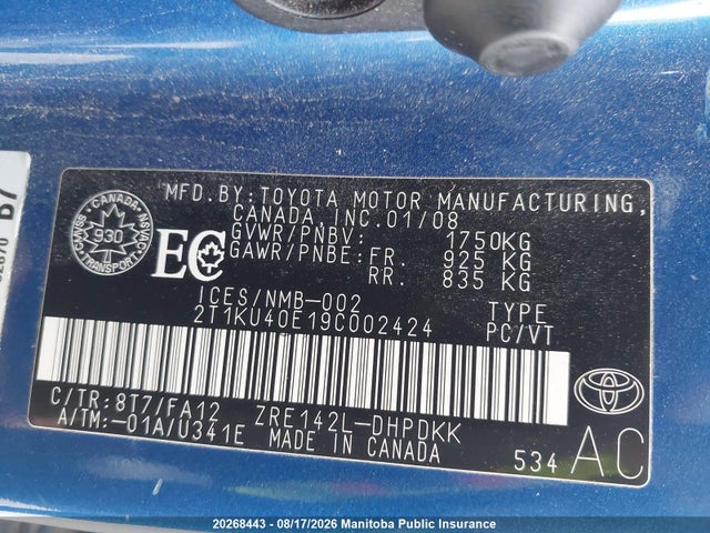 2009 Toyota Matrix მანქანა იყიდება აუქციონზე, vin: 2T1KU40E19C002424, აუქციონის ნომერი: 20268443