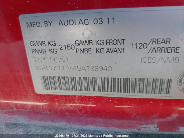 20268470 :رقم المزاد ، WAUDFCFM4BA138940 vin ، 2011 Audi A3 2.0t Quattro مزاد بيع