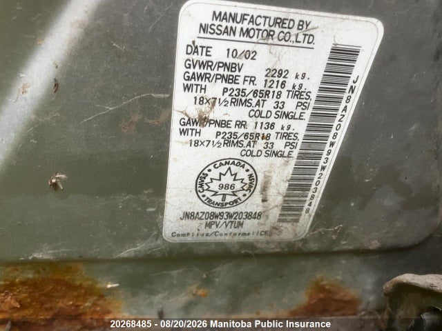 Aukcja sprzedaży 2003 Nissan Murano Sl, vin: JN8AZ08W93W203848, numer aukcji: 20268485
