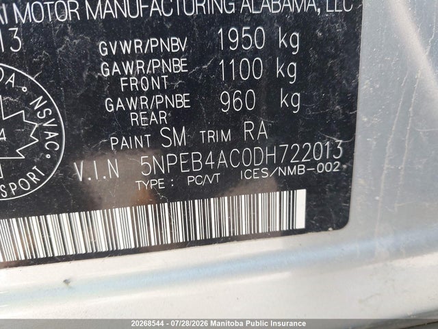 20268544 :رقم المزاد ، 5NPEB4AC0DH722013 vin ، 2013 Hyundai Sonata Gl مزاد بيع