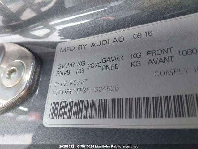 2017 Audi A3 2.0t Quattro მანქანა იყიდება აუქციონზე, vin: WAUE8GFF3H1024508, აუქციონის ნომერი: 20268562
