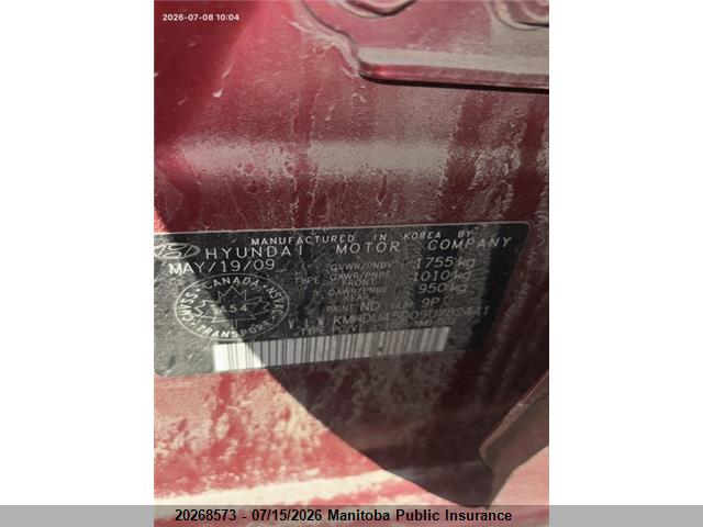 20268573 :رقم المزاد ، KMHDU45D09U782441 vin ، 2009 Hyundai Elantra Gl مزاد بيع
