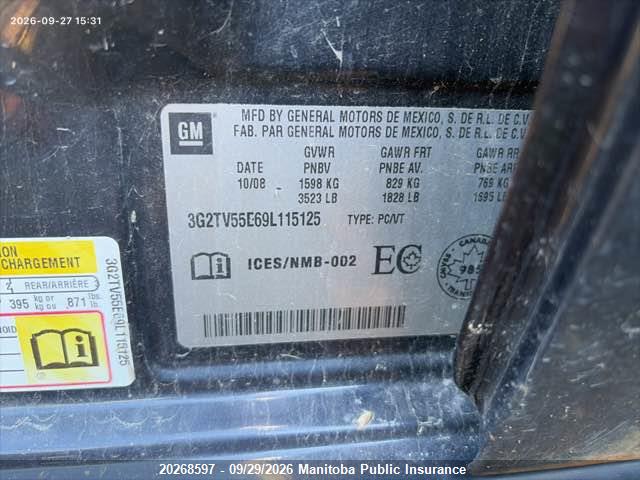 20268597 :رقم المزاد ، 3G2TV55E69L115125 vin ، 2009 Pontiac G3 Wave مزاد بيع