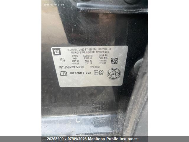 2013 Chevrolet Malibu Lt მანქანა იყიდება აუქციონზე, vin: 1G11E5SA6DF223809, აუქციონის ნომერი: 20268599