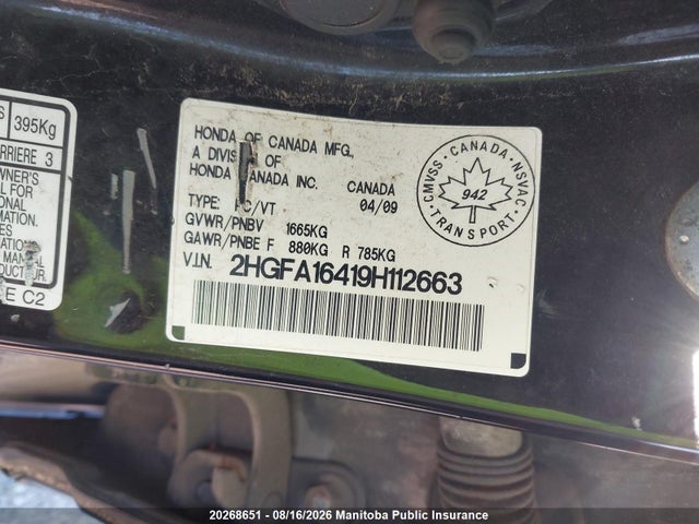 Aukcja sprzedaży 2009 Honda Civic Dx-g, vin: 2HGFA16419H112663, numer aukcji: 20268651