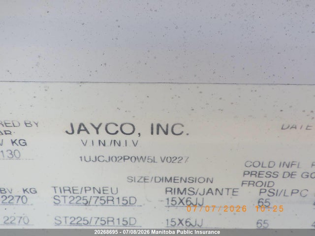 Aukcja sprzedaży 1998 Jayco Jayco, vin: 1UJCJ02P0W5LV0227, numer aukcji: 20268695