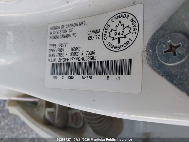 2012 Honda Civic Lx მანქანა იყიდება აუქციონზე, vin: 2HGFB2F44CH053683, აუქციონის ნომერი: 20268727
