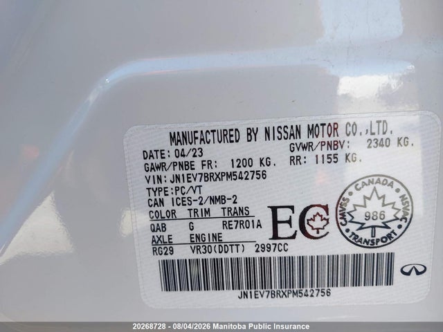 20268728 :رقم المزاد ، JN1EV7BRXPM542756 vin ، 2023 Infiniti Q50 Luxe 3.0t مزاد بيع